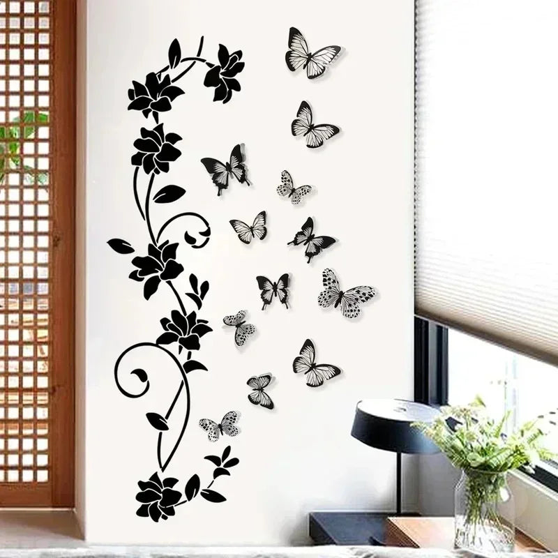 Black Flower Vine 3D Butterfly Wall Sticker Background Wall
