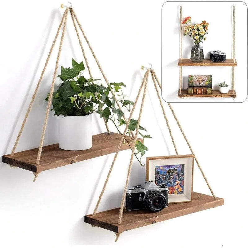 Wooden Swing Hanging Hemp Rope Wall Shelve Mounted Floating