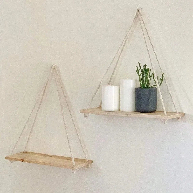 Wooden Swing Hanging Hemp Rope Wall Shelve Mounted Floating