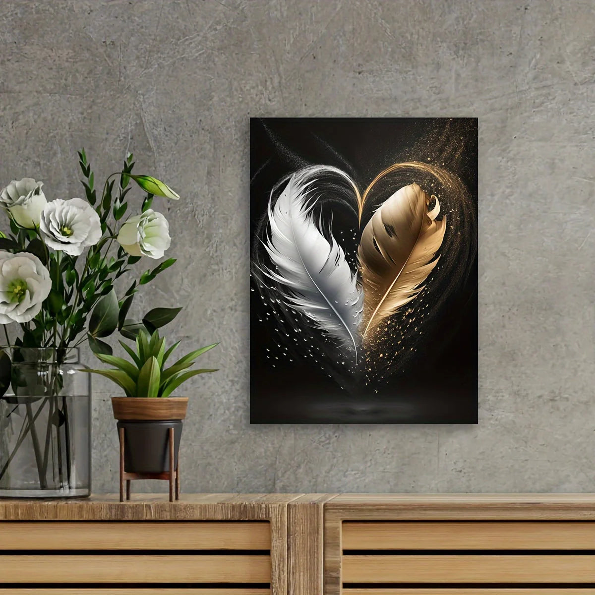 Elegant Golden White Feather Heart Canvas Wall Art