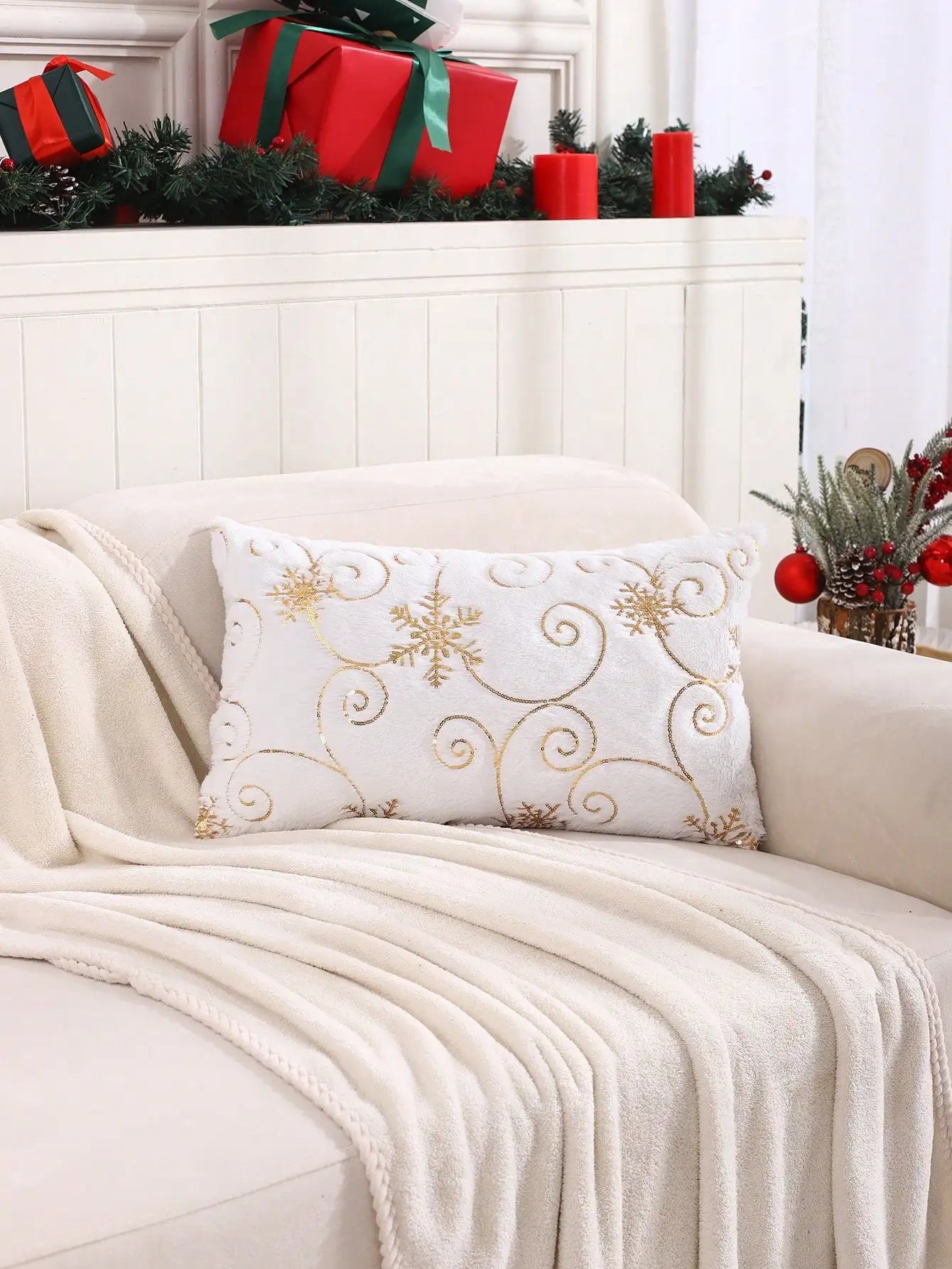 Snowflake Sequined Plush Pillow Cover