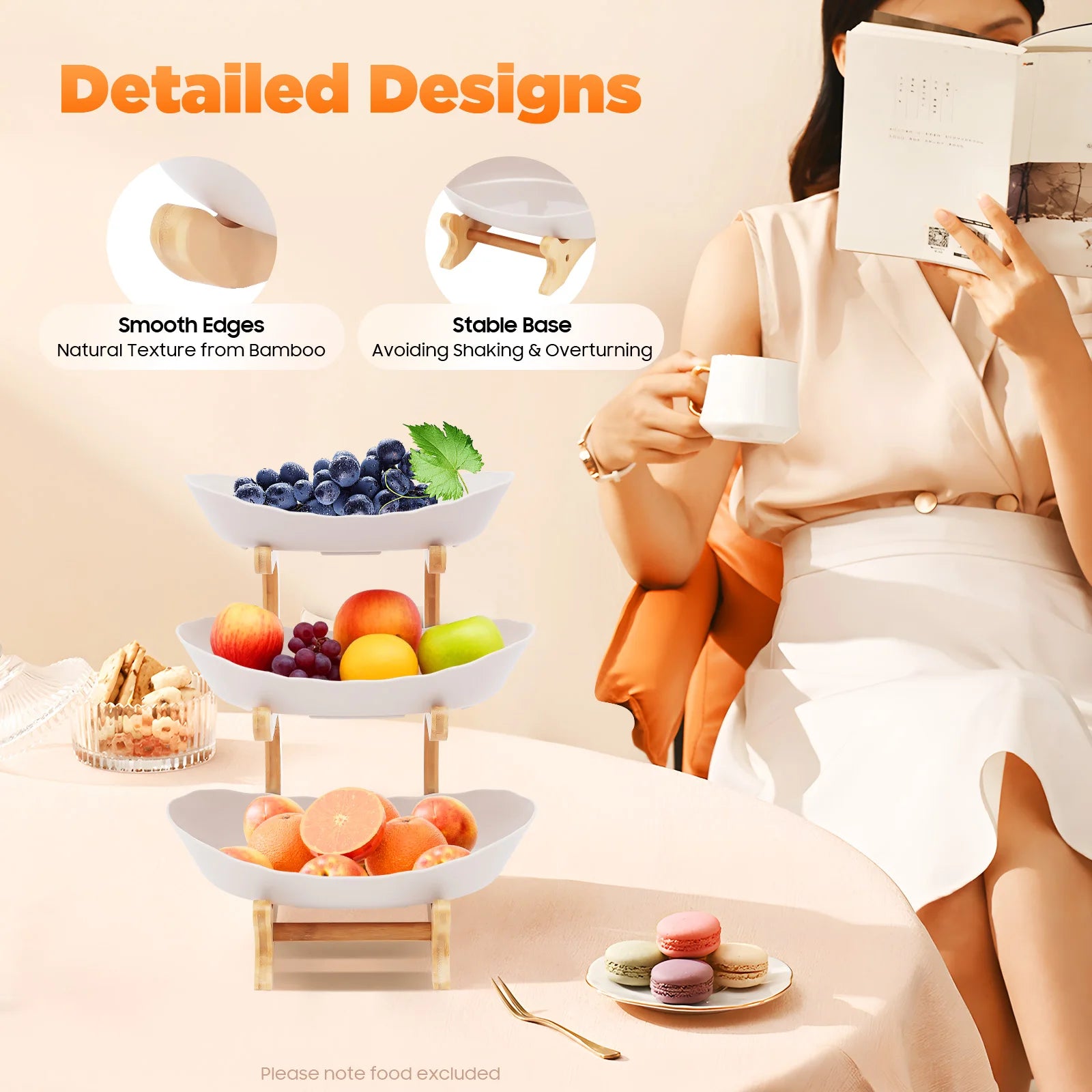 3 Tier Fruit Basket with 3 Anti slip Ceramic Fruit Bowls Table Wedding