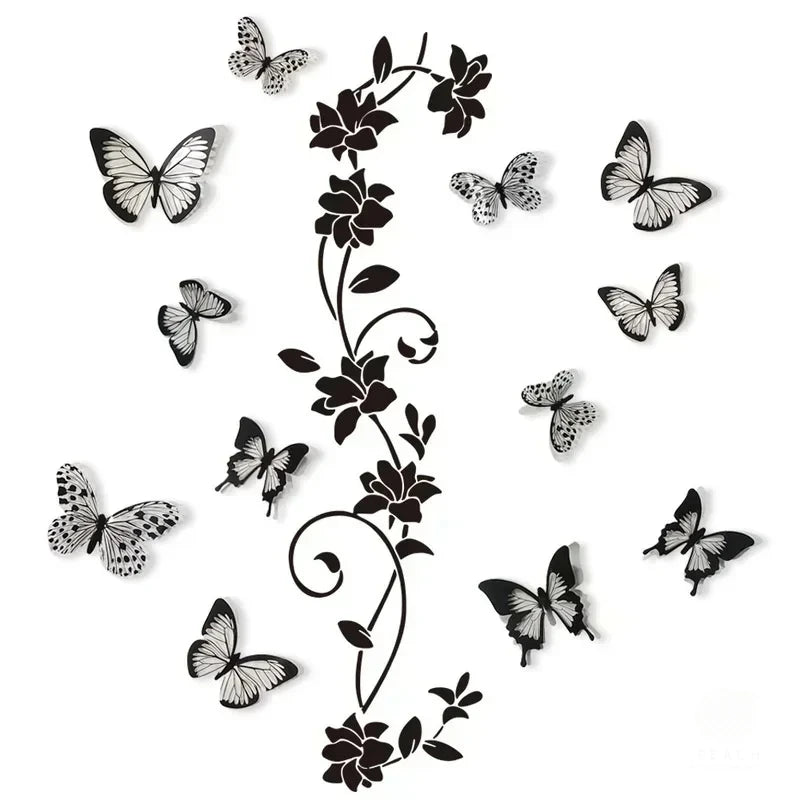 Black Flower Vine 3D Butterfly Wall Sticker Background Wall