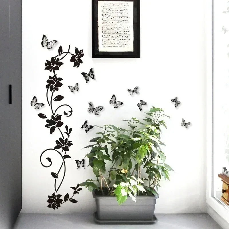 Black Flower Vine 3D Butterfly Wall Sticker Background Wall