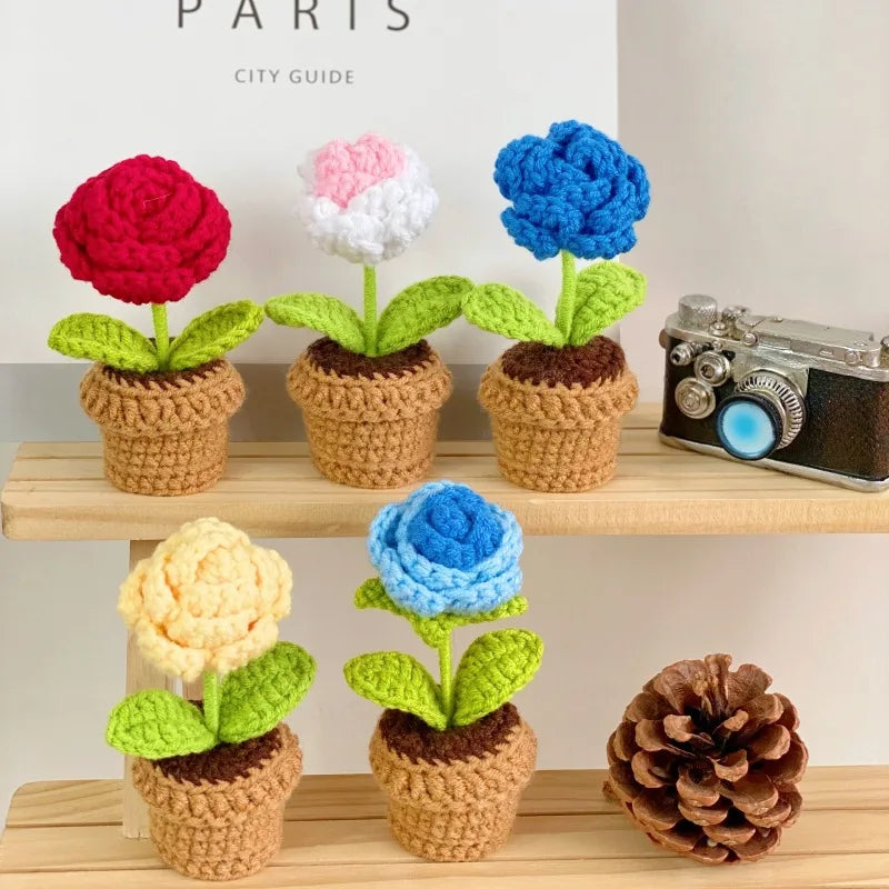 Handwoven Mini Potted Flower Rose Plants Woolen Home Decoration