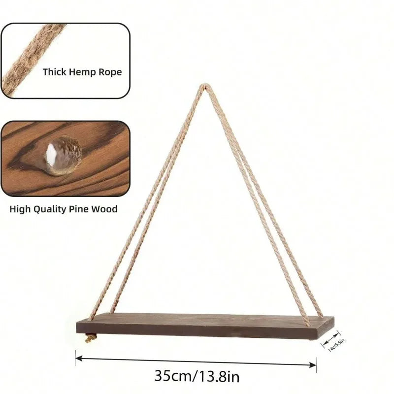 Wooden Swing Hanging Hemp Rope Wall Shelve Mounted Floating