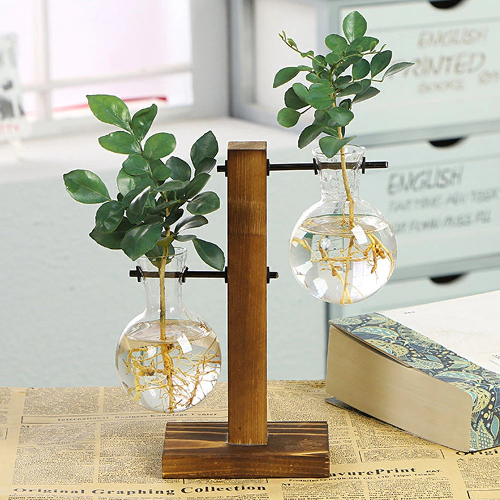 Creative Glass Desktop Planter Bulb Vase Wooden Stand Decor