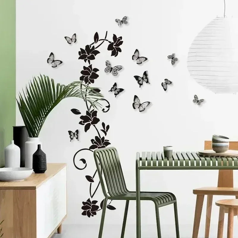 Black Flower Vine 3D Butterfly Wall Sticker Background Wall