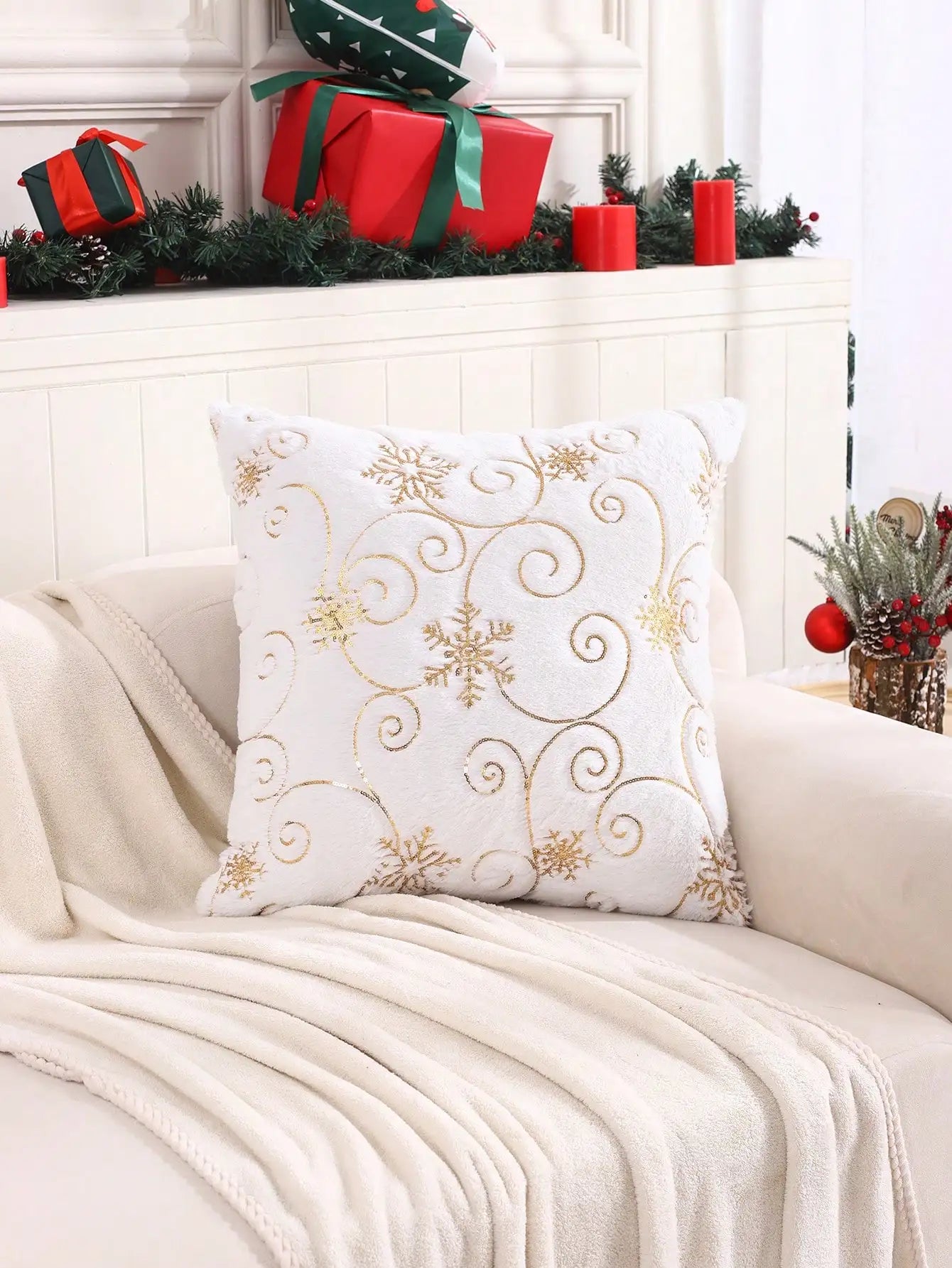 Snowflake Sequined Plush Pillow Cover