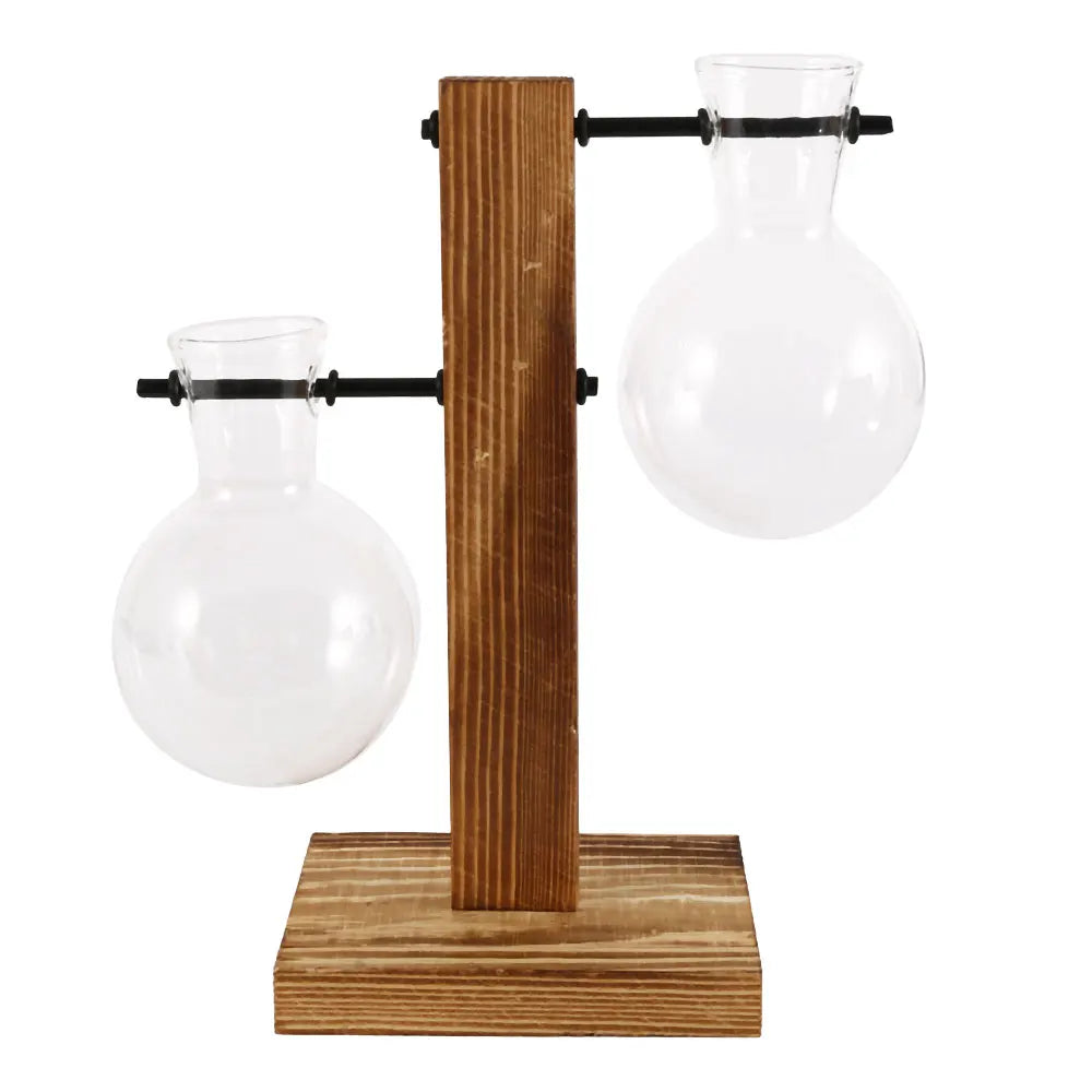 Creative Glass Desktop Planter Bulb Vase Wooden Stand Decor