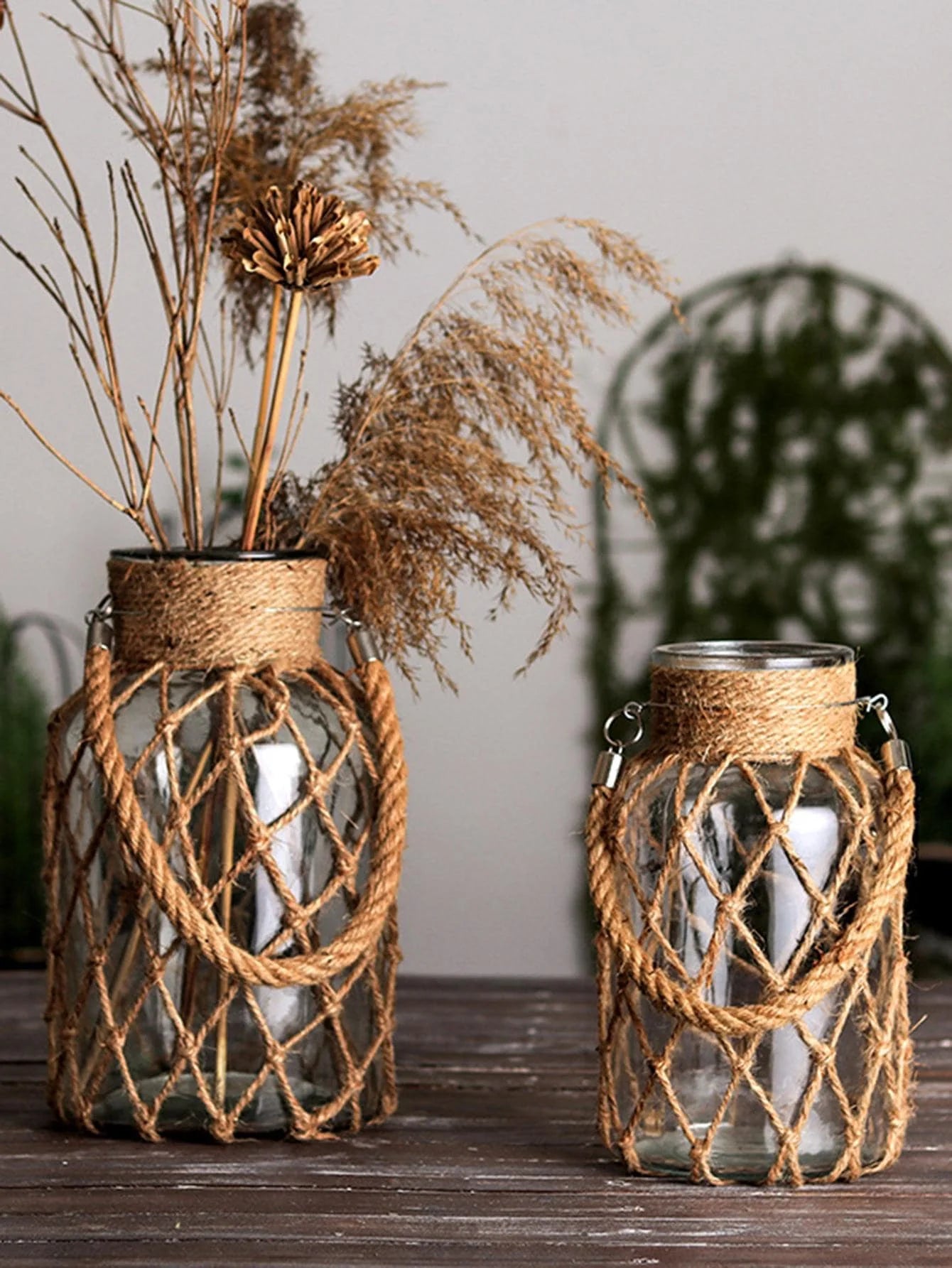 Rustic Hanging Glass Vase Rope Net Dry Flower Glass Decoration