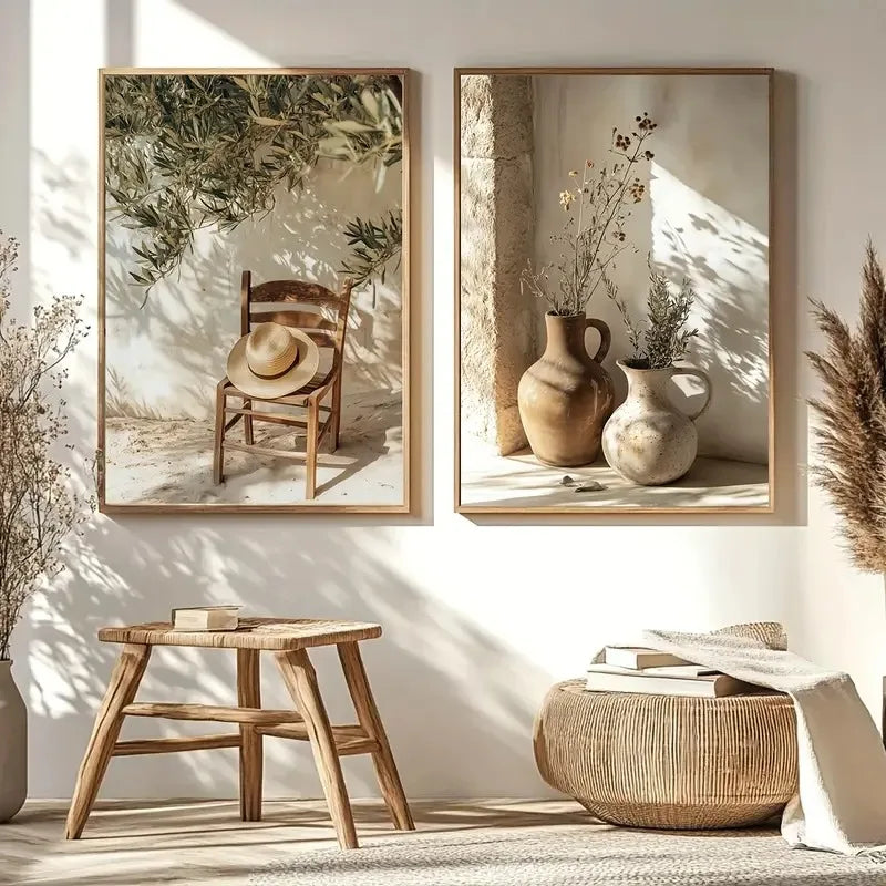 Vintage Olive Tree Straw Chair Canvas Poster Vase Wall Art Decor