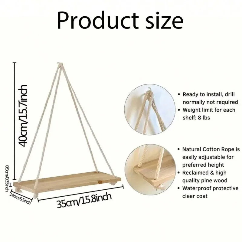 Wooden Swing Hanging Hemp Rope Wall Shelve Mounted Floating