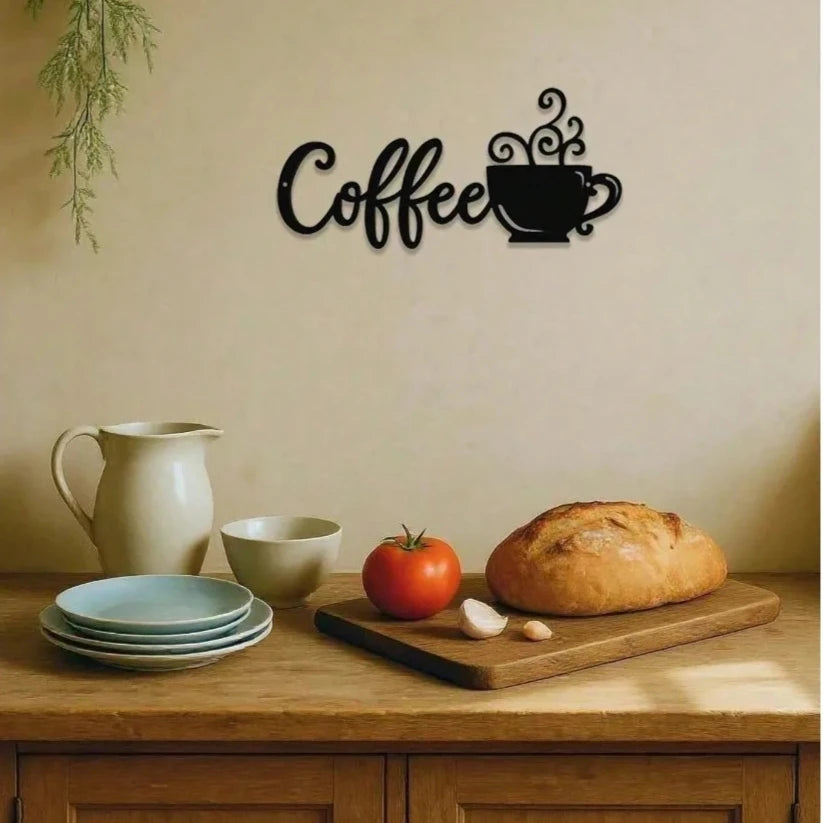 Matte Black Metal Wall Art Sign Minimalist Coffee Cup Decor