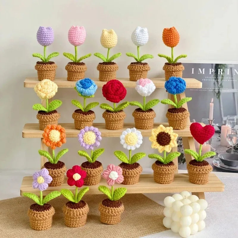 Handwoven Mini Potted Flower Rose Plants Woolen Home Decoration