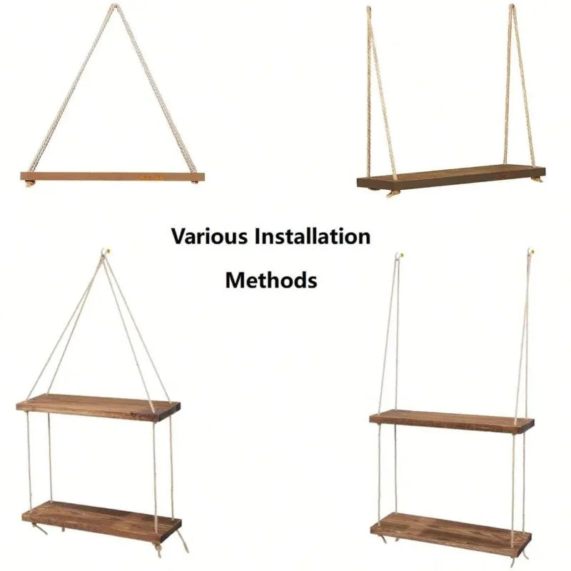 Wooden Swing Hanging Hemp Rope Wall Shelve Mounted Floating