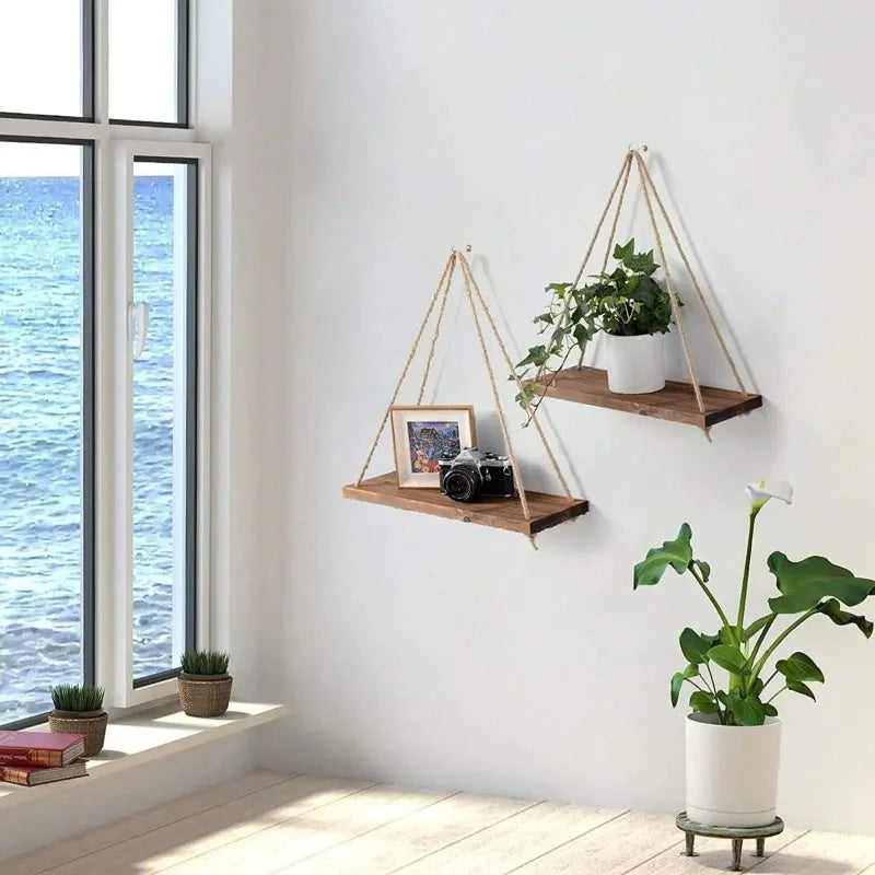Wooden Swing Hanging Hemp Rope Wall Shelve Mounted Floating