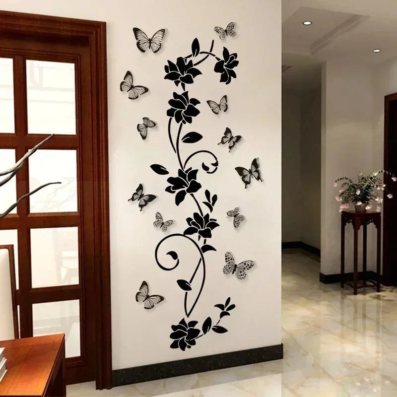 Black Flower Vine 3D Butterfly Wall Sticker Background Wall