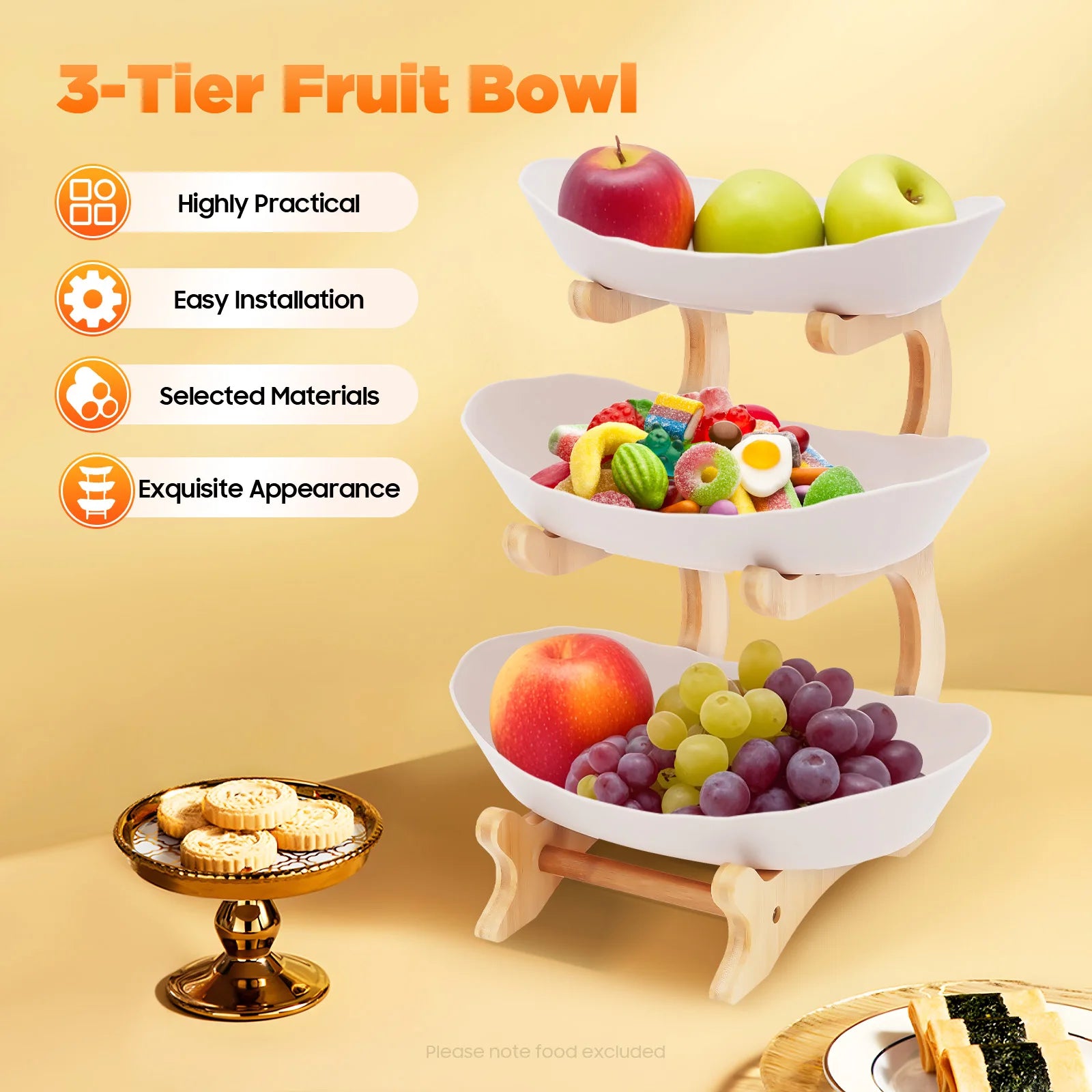 3 Tier Fruit Basket with 3 Anti slip Ceramic Fruit Bowls Table Wedding