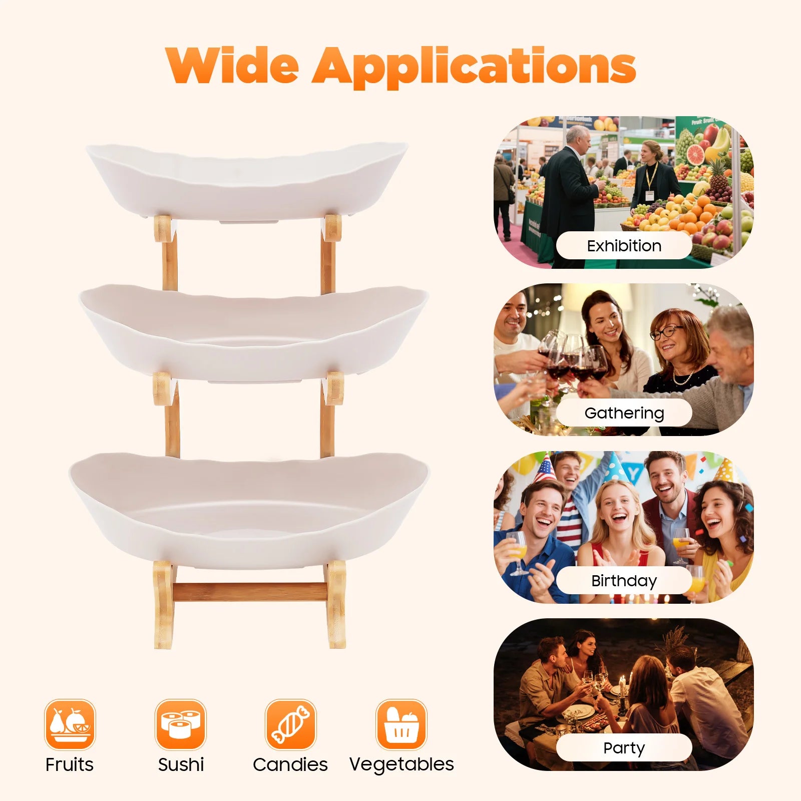 3 Tier Fruit Basket with 3 Anti slip Ceramic Fruit Bowls Table Wedding